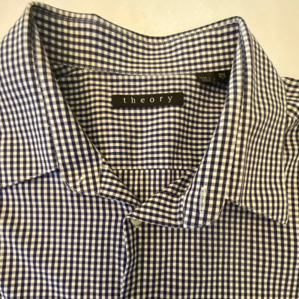 Theory blue gingham button up shirt